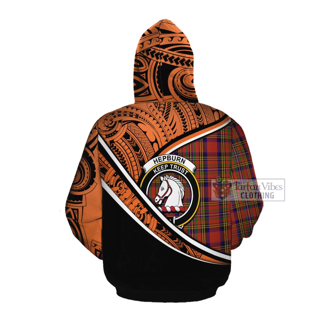 Tartan Vibes Clothing Hepburn Crest Tartan Cotton Hoodie with Maori Tattoo Style - Orange Version