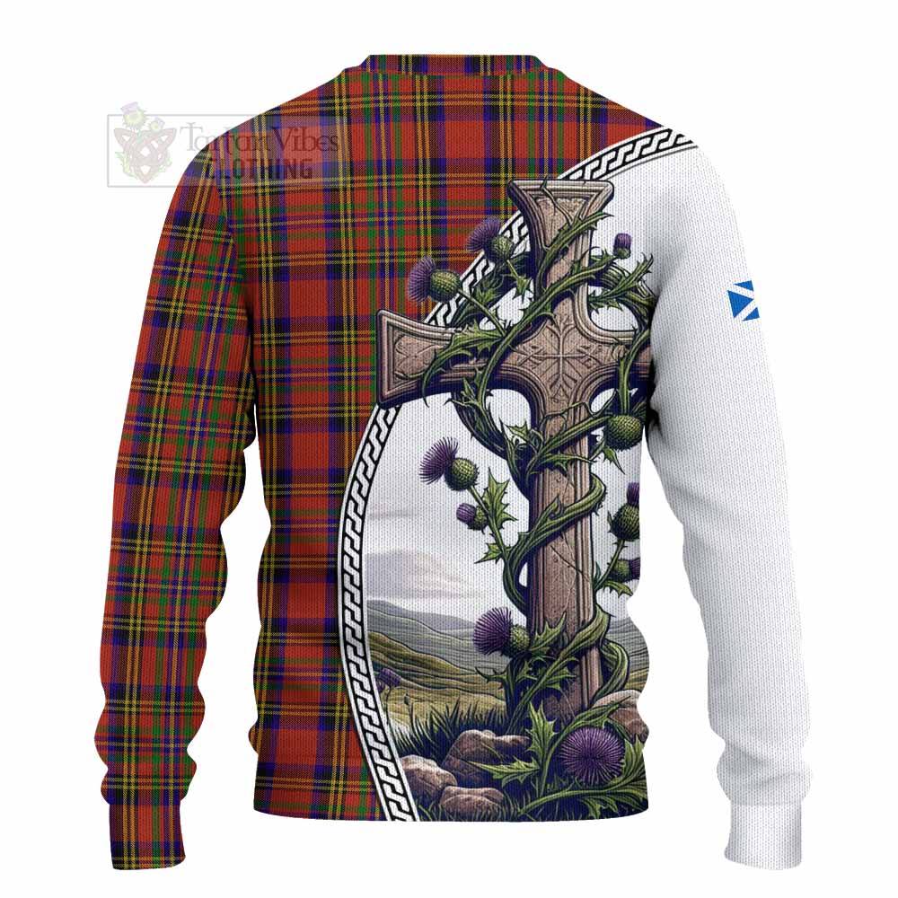 Tartan Vibes Clothing Hepburn Tartan Knitted Sweater with Family Crest and St. Andrew's Cross Accented by Thistle Vines