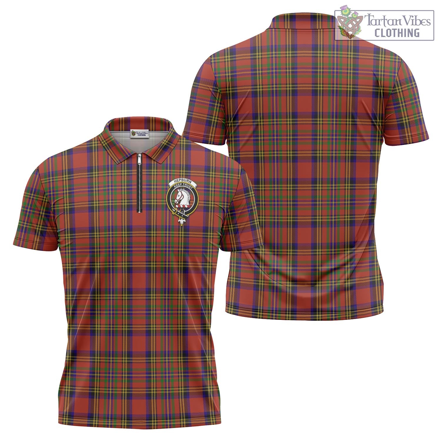 Tartan Vibes Clothing Hepburn Tartan Zipper Polo Shirt with Family Crest