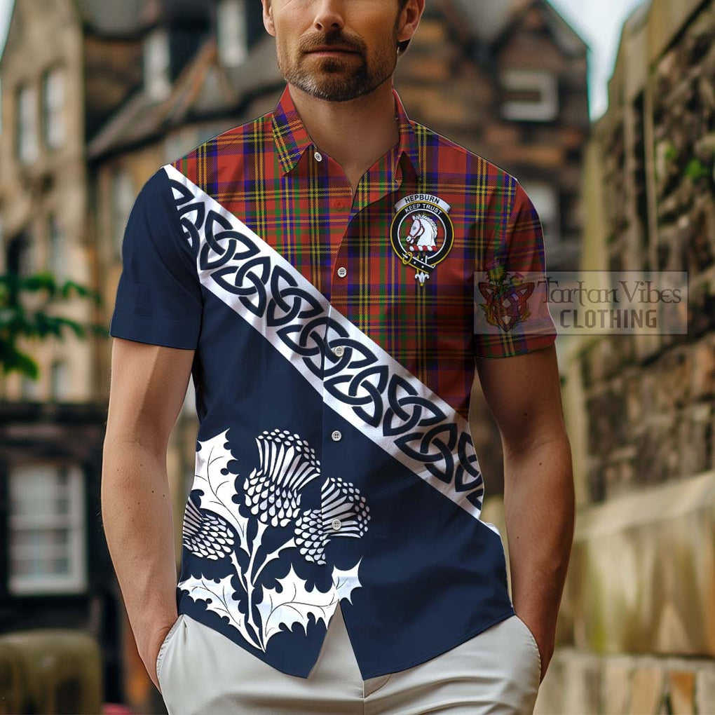 Tartan Vibes Clothing Hepburn Tartan Short Sleeve Button Shirt Featuring Thistle and Scotland Map