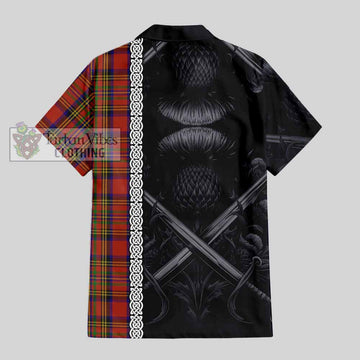 Hepburn Tartan Short Sleeve Button Shirt with Family Crest Cross Sword Thistle Celtic Vibes