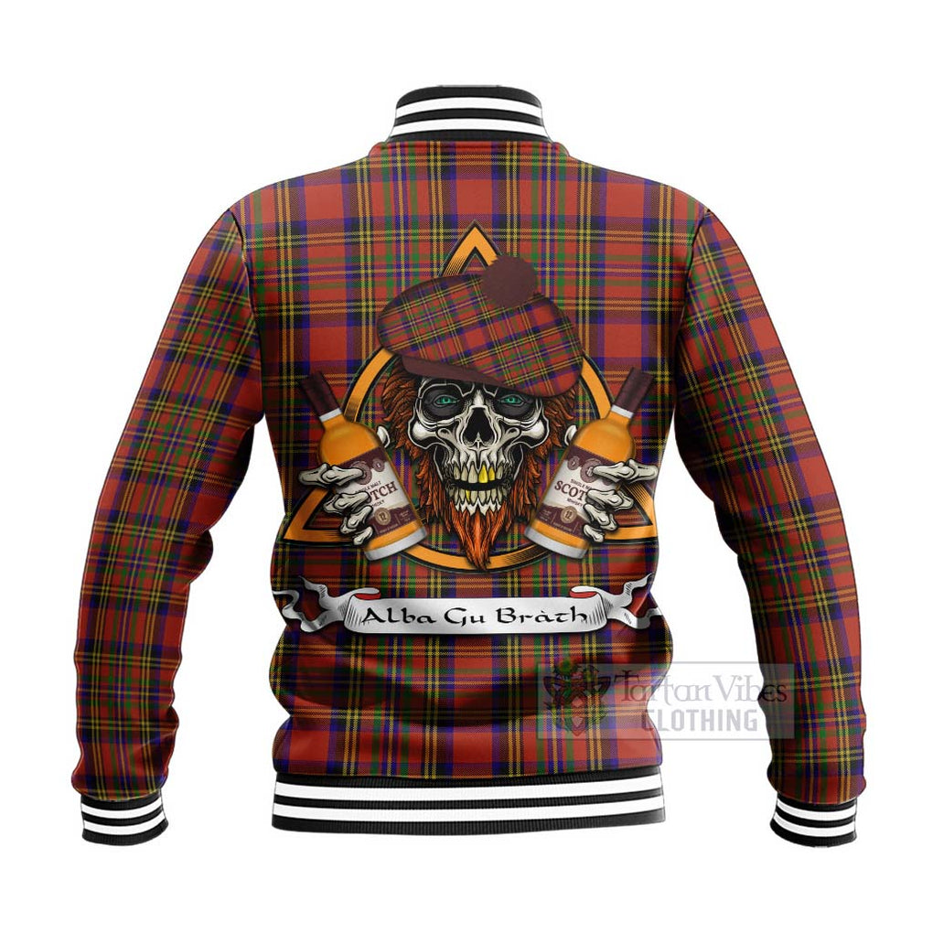 Tartan Vibes Clothing Hepburn Tartan Baseball Jacket with Family Crest and Bearded Skull Holding Bottles of Whiskey