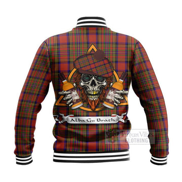 Hepburn Tartan Baseball Jacket with Family Crest and Bearded Skull Holding Bottles of Whiskey