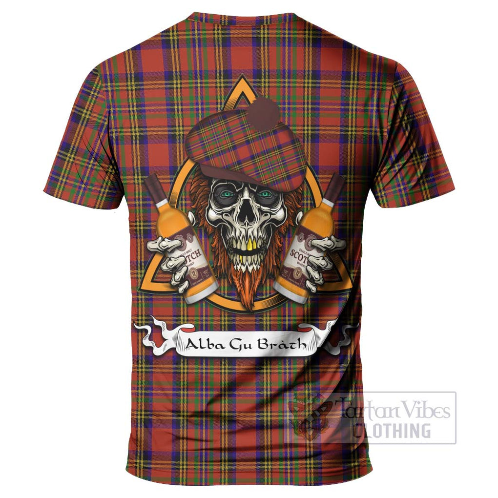 Tartan Vibes Clothing Hepburn Tartan T-Shirt with Family Crest and Bearded Skull Holding Bottles of Whiskey