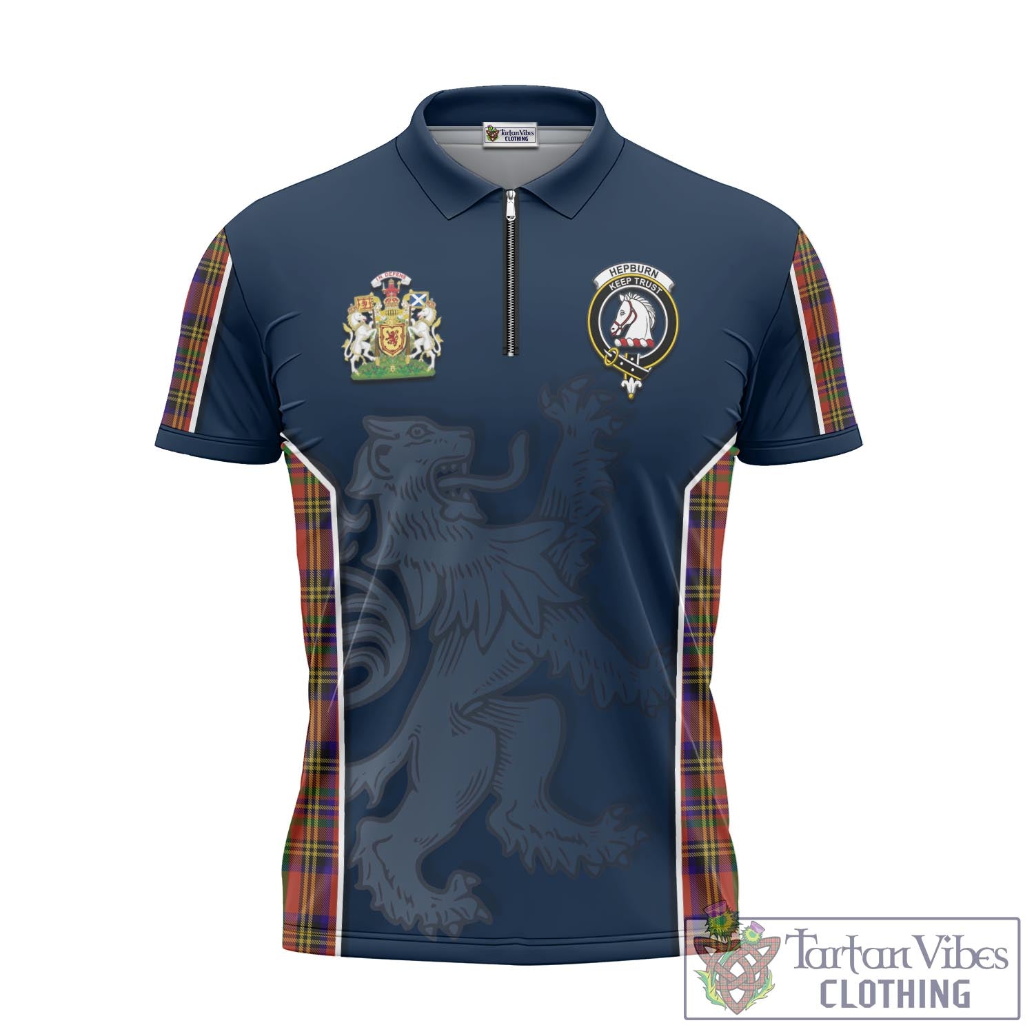 Tartan Vibes Clothing Hepburn Tartan Zipper Polo Shirt with Family Crest and Lion Rampant Vibes Sport Style