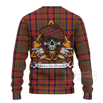 Hepburn Tartan Ugly Sweater with Family Crest and Bearded Skull Holding Bottles of Whiskey