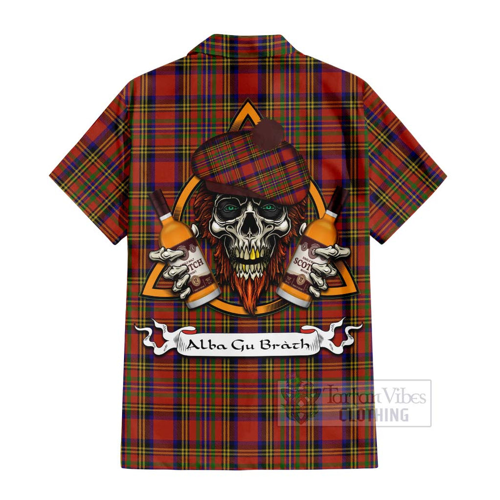 Tartan Vibes Clothing Hepburn Tartan Short Sleeve Button Shirt with Family Crest and Bearded Skull Holding Bottles of Whiskey