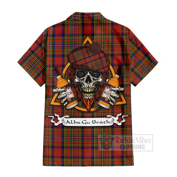 Hepburn Tartan Short Sleeve Button Shirt with Family Crest and Bearded Skull Holding Bottles of Whiskey