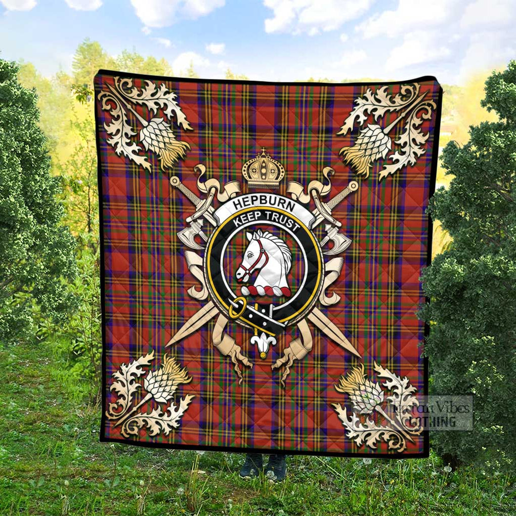 Tartan Vibes Clothing Hepburn Tartan Quilt with Family Crest and Scottish Golden Courage Shield