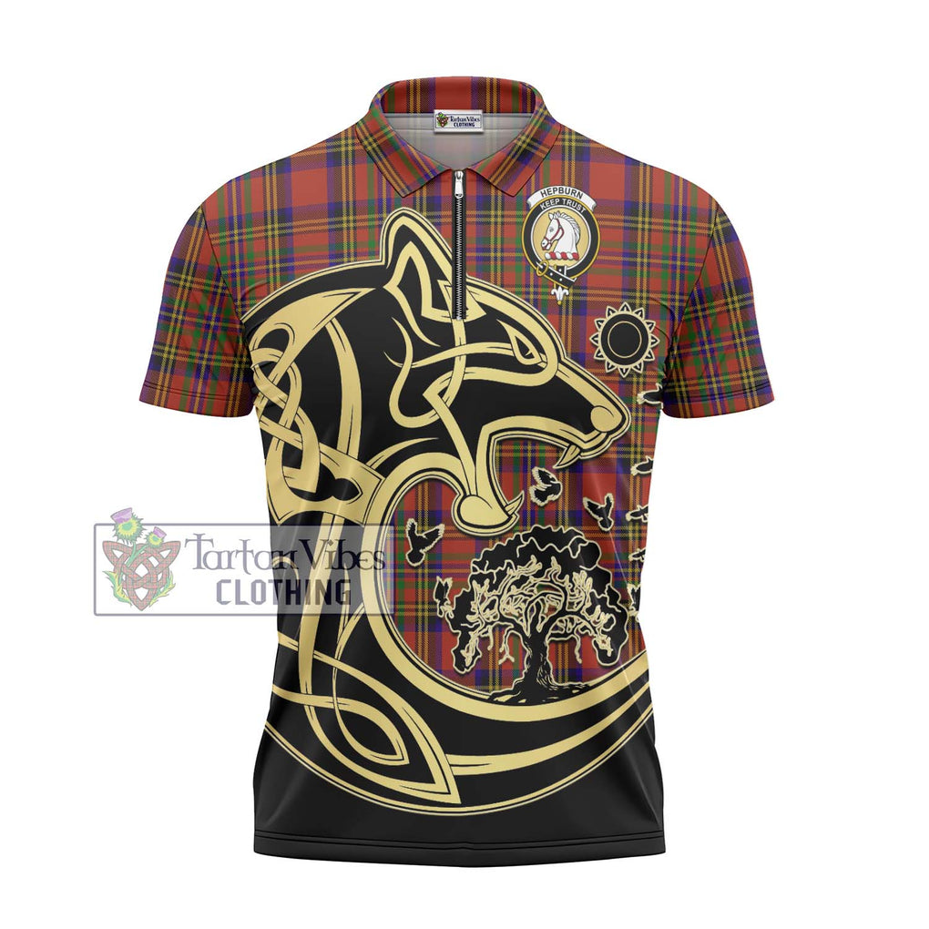 Hepburn Tartan Zipper Polo Shirt with Family Crest Celtic Wolf Style - Tartanvibesclothing Shop