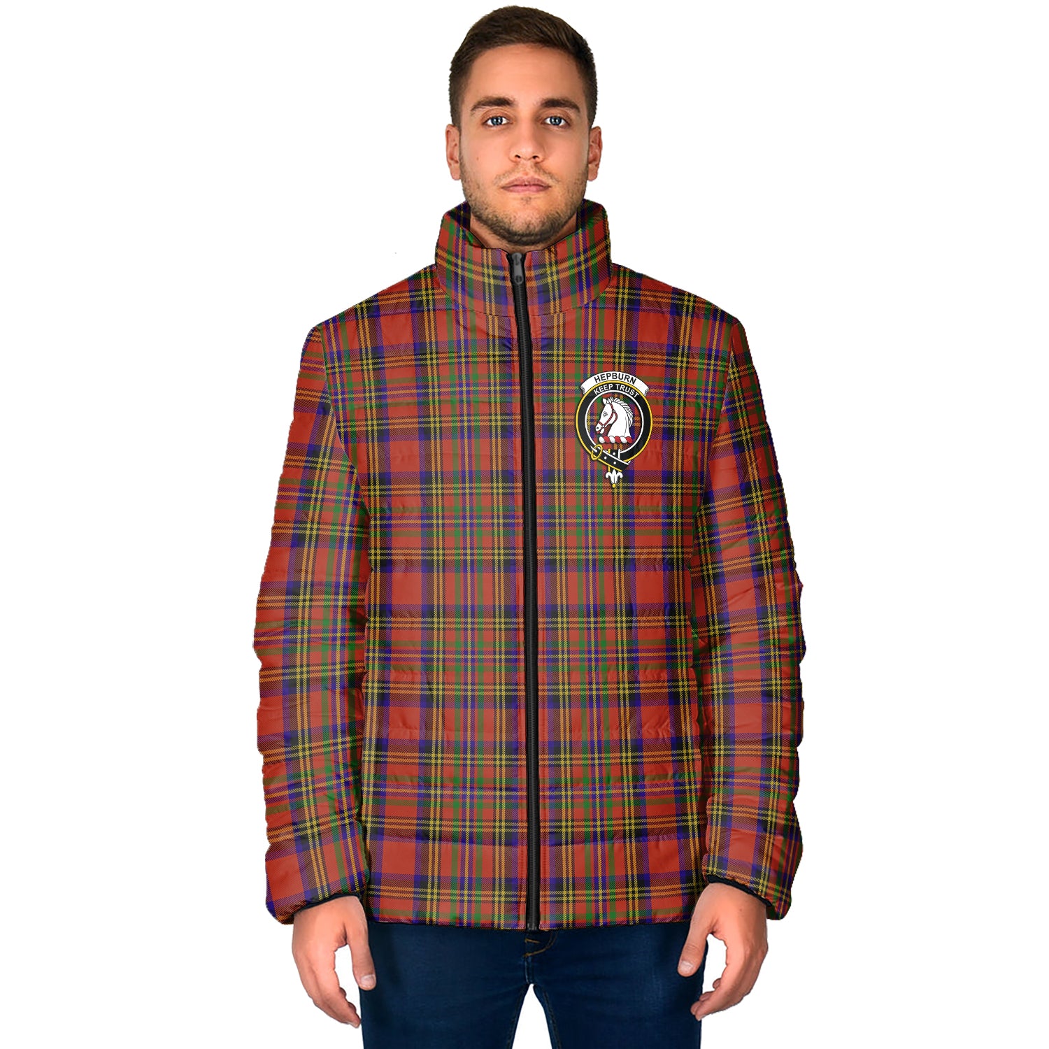 Hepburn Tartan Padded Jacket with Family Crest - Tartan Vibes Clothing