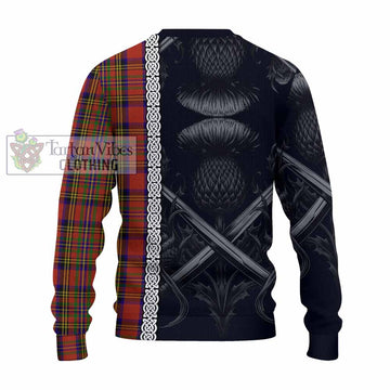 Hepburn Tartan Knitted Sweater with Family Crest Cross Sword Thistle Celtic Vibes