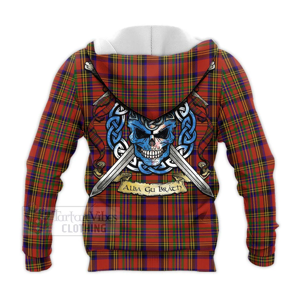 Tartan Vibes Clothing Hepburn Tartan Knitted Hoodie with Family Crest Celtic Skull Style