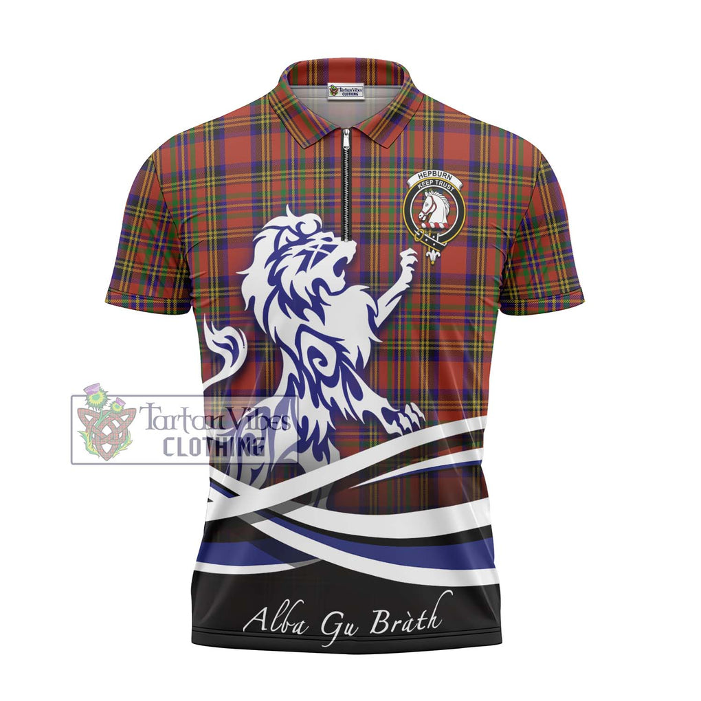 Hepburn Tartan Zipper Polo Shirt with Alba Gu Brath Regal Lion Emblem - Tartanvibesclothing Shop