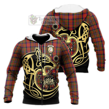 Hepburn Tartan Knitted Hoodie with Family Crest Celtic Wolf Style