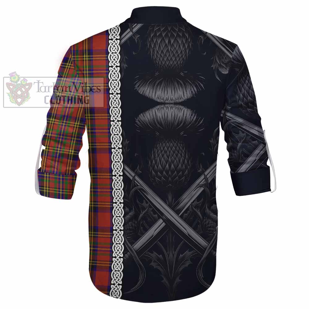 Tartan Vibes Clothing Hepburn Tartan Ghillie Kilt Shirt with Family Crest Cross Sword Thistle Celtic Vibes