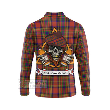 Hepburn Tartan Long Sleeve Polo Shirt with Family Crest and Bearded Skull Holding Bottles of Whiskey - Tartan Vibes Clothing