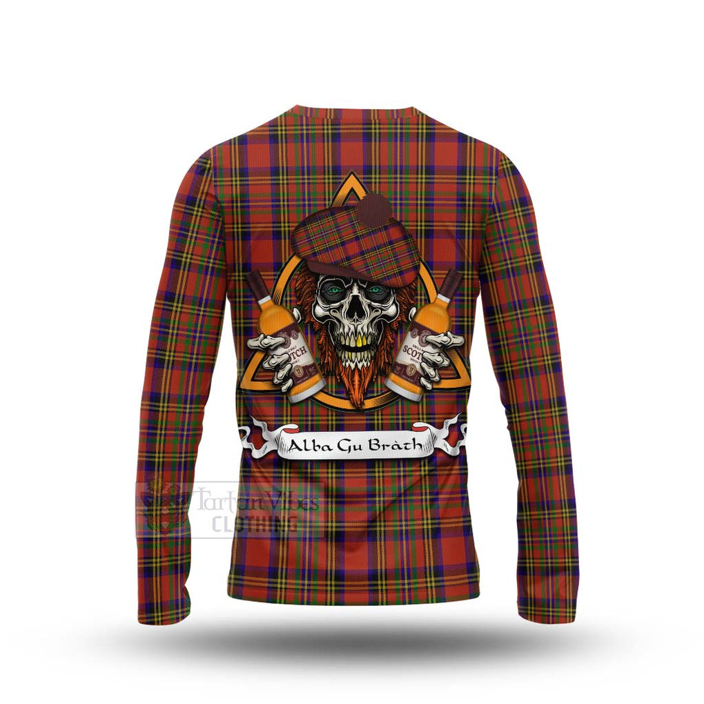 Tartan Vibes Clothing Hepburn Tartan Long Sleeve T-Shirt with Family Crest and Bearded Skull Holding Bottles of Whiskey