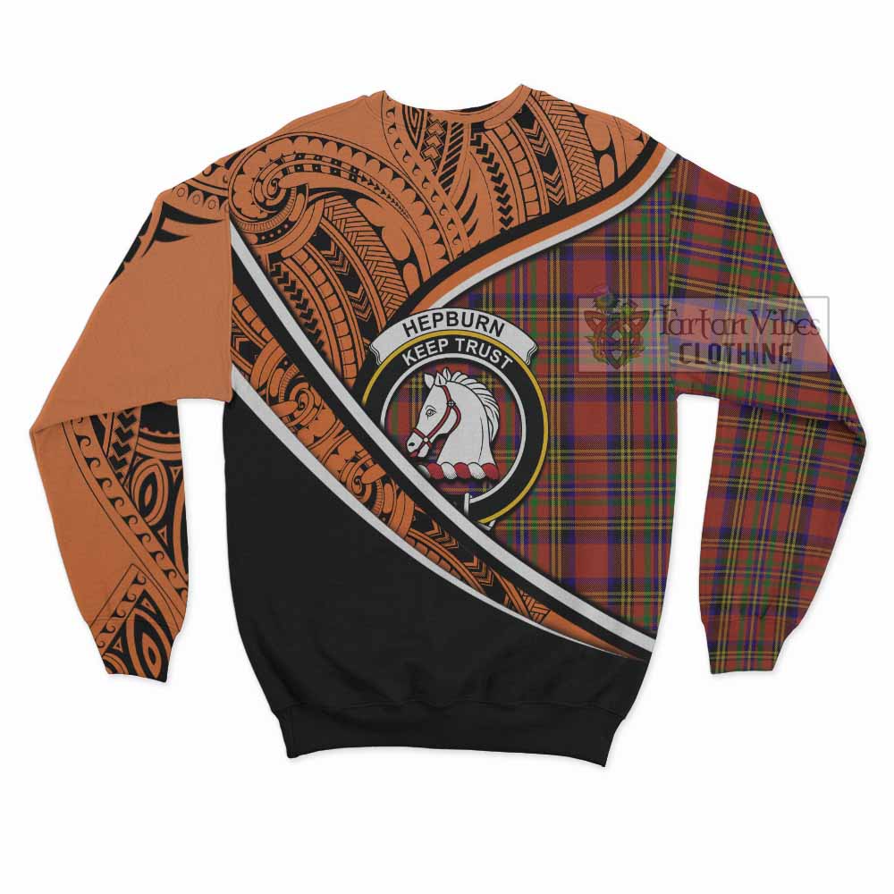 Tartan Vibes Clothing Hepburn Crest Tartan Sweatshirt with Maori Tattoo Style - Orange Version