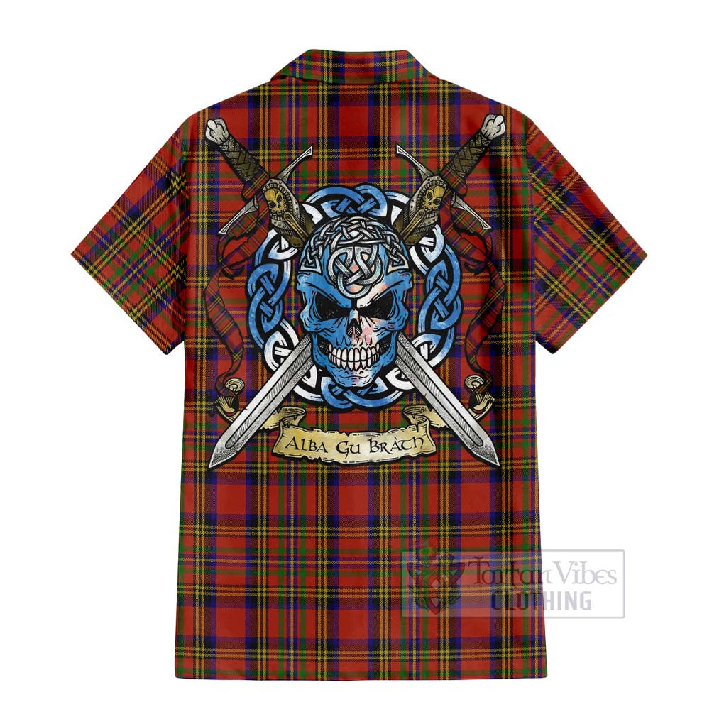 Tartan Vibes Clothing Hepburn Tartan Short Sleeve Button Shirt with Family Crest Celtic Skull Style