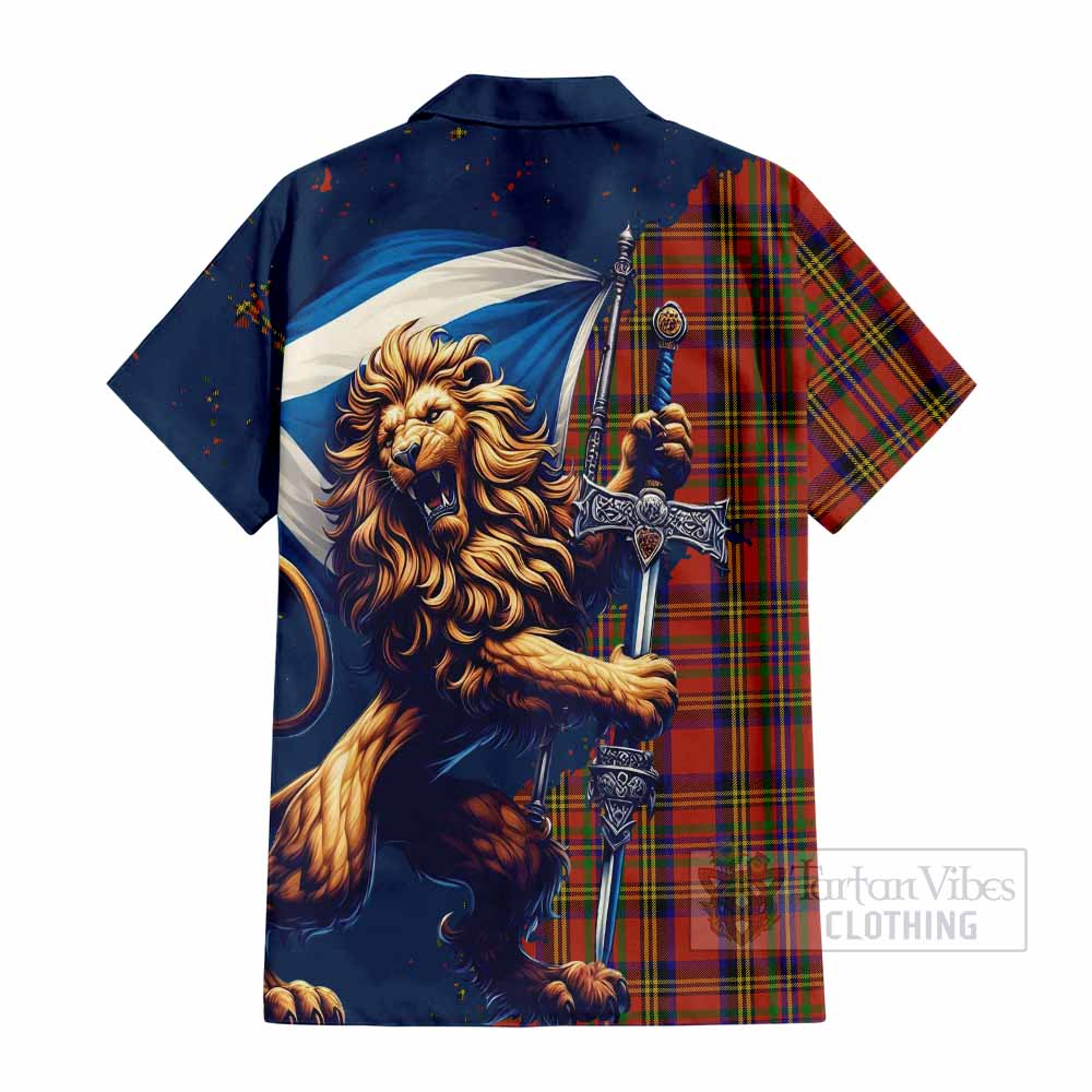 Tartan Vibes Clothing Hepburn Tartan Family Crest Short Sleeve Button Shirt with Scottish Majestic Lion