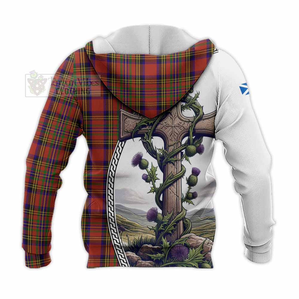 Tartan Vibes Clothing Hepburn Tartan Knitted Hoodie with Family Crest and St. Andrew's Cross Accented by Thistle Vines