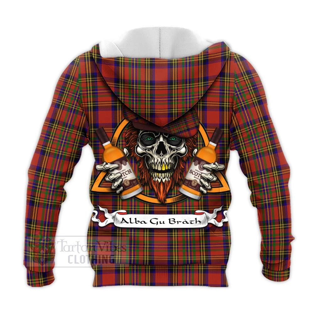 Tartan Vibes Clothing Hepburn Tartan Knitted Hoodie with Family Crest and Bearded Skull Holding Bottles of Whiskey