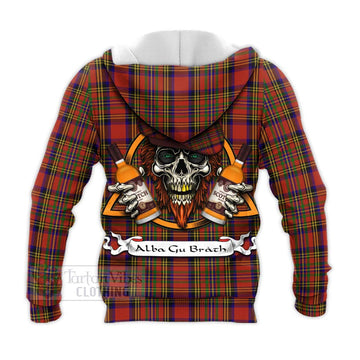 Hepburn Tartan Knitted Hoodie with Family Crest and Bearded Skull Holding Bottles of Whiskey