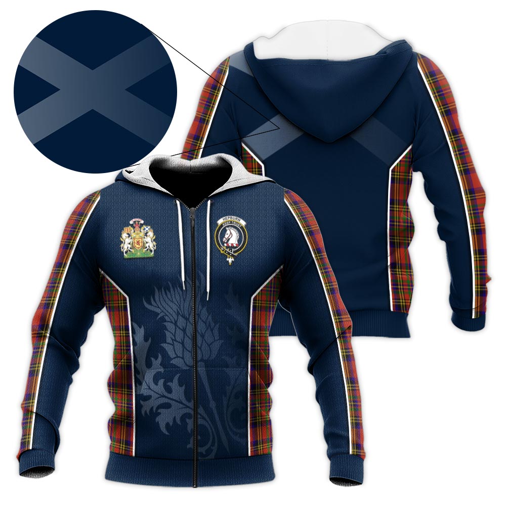 Tartan Vibes Clothing Hepburn Tartan Knitted Hoodie with Family Crest and Scottish Thistle Vibes Sport Style