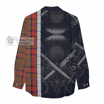 Hepburn Tartan Women's Casual Shirt with Family Crest Cross Sword Thistle Celtic Vibes