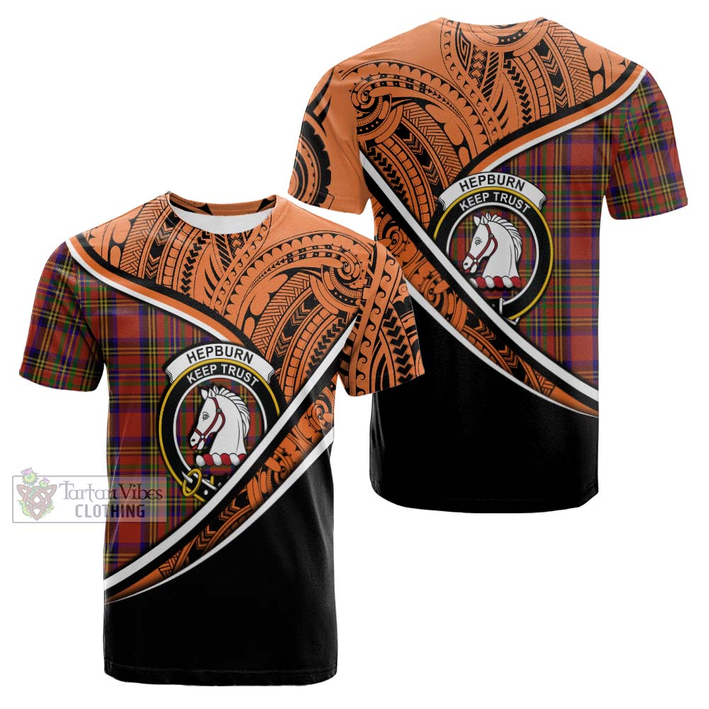 Tartan Vibes Clothing Hepburn Crest Tartan Cotton T-shirt with Maori Tattoo Style - Orange Version