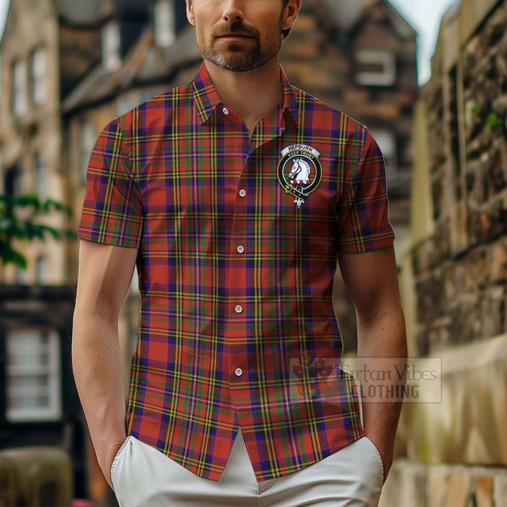 Tartan Vibes Clothing Hepburn Tartan Short Sleeve Button Shirt with Family Crest Celtic Skull Style