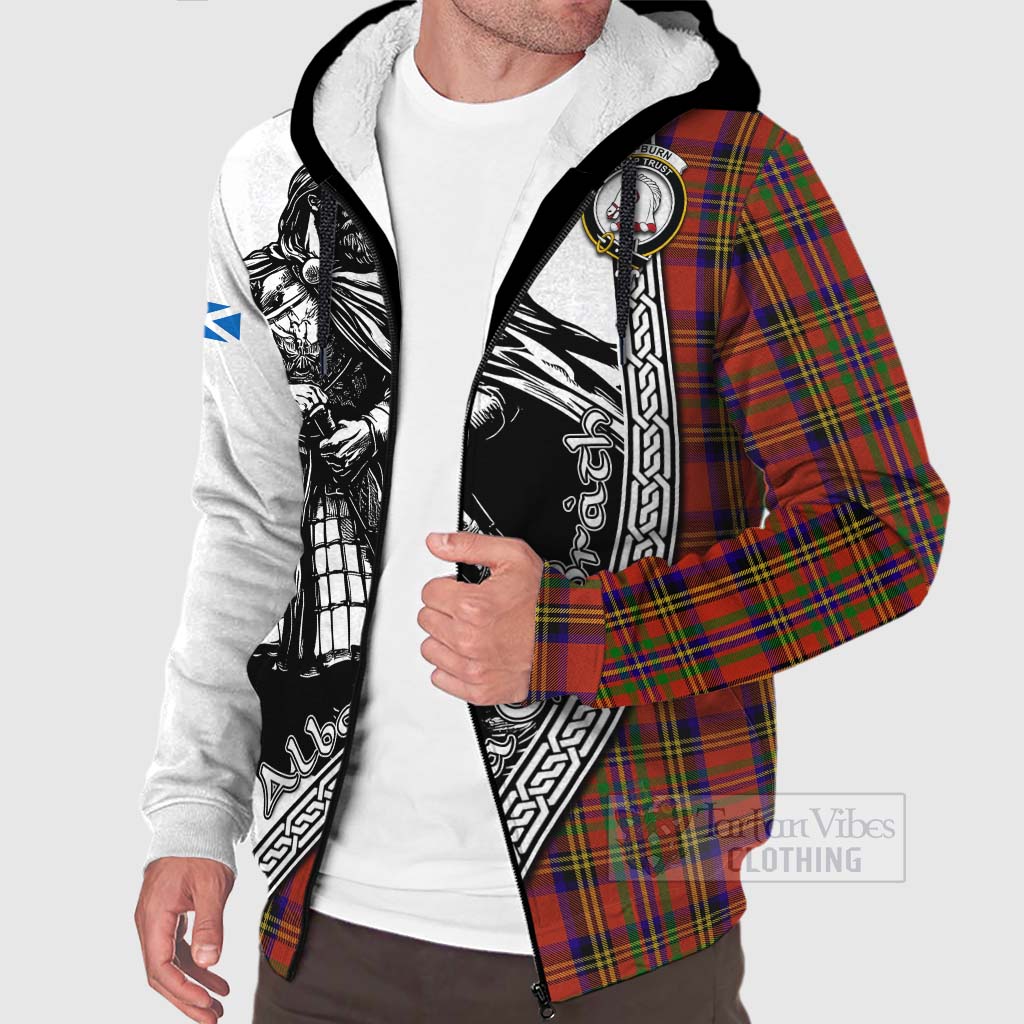 Tartan Vibes Clothing Hepburn Tartan Clan Crest Sherpa Hoodie with Highlander Warrior Celtic Style