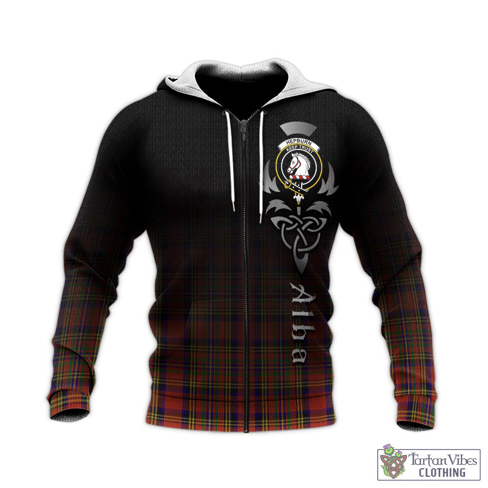 Tartan Vibes Clothing Hepburn Tartan Knitted Hoodie Featuring Alba Gu Brath Family Crest Celtic Inspired