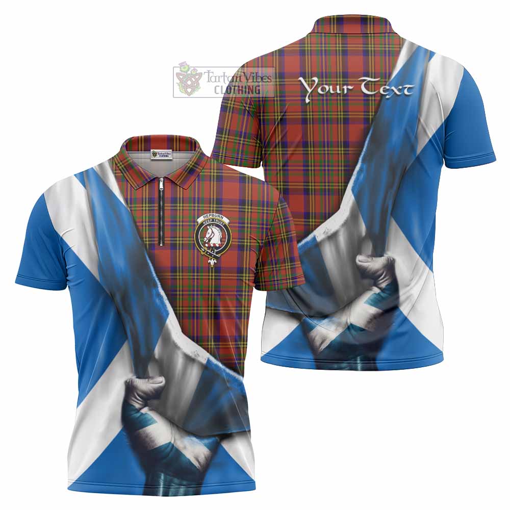 Tartan Vibes Clothing Hepburn Tartan Zipper Polo Shirt with Family Crest Scotland Patriotic Style