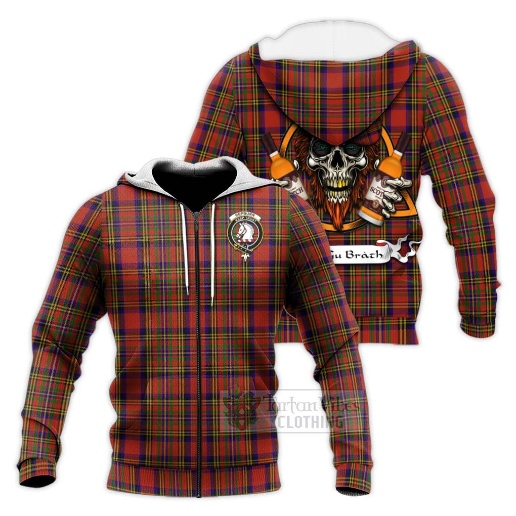 Tartan Vibes Clothing Hepburn Tartan Knitted Hoodie with Family Crest and Bearded Skull Holding Bottles of Whiskey