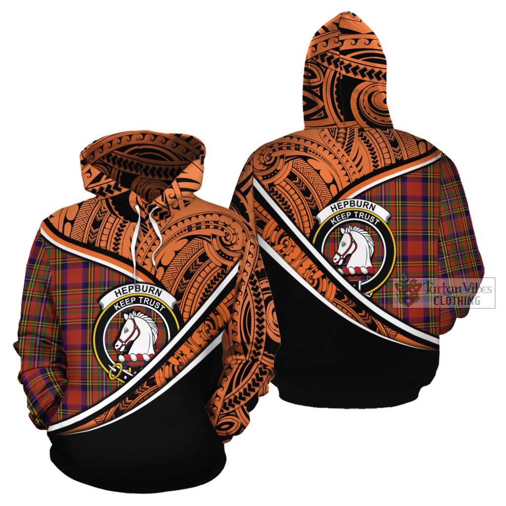 Tartan Vibes Clothing Hepburn Crest Tartan Cotton Hoodie with Maori Tattoo Style - Orange Version