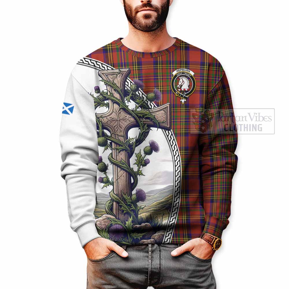 Tartan Vibes Clothing Hepburn Tartan Sweatshirt with Family Crest and St. Andrew's Cross Accented by Thistle Vines