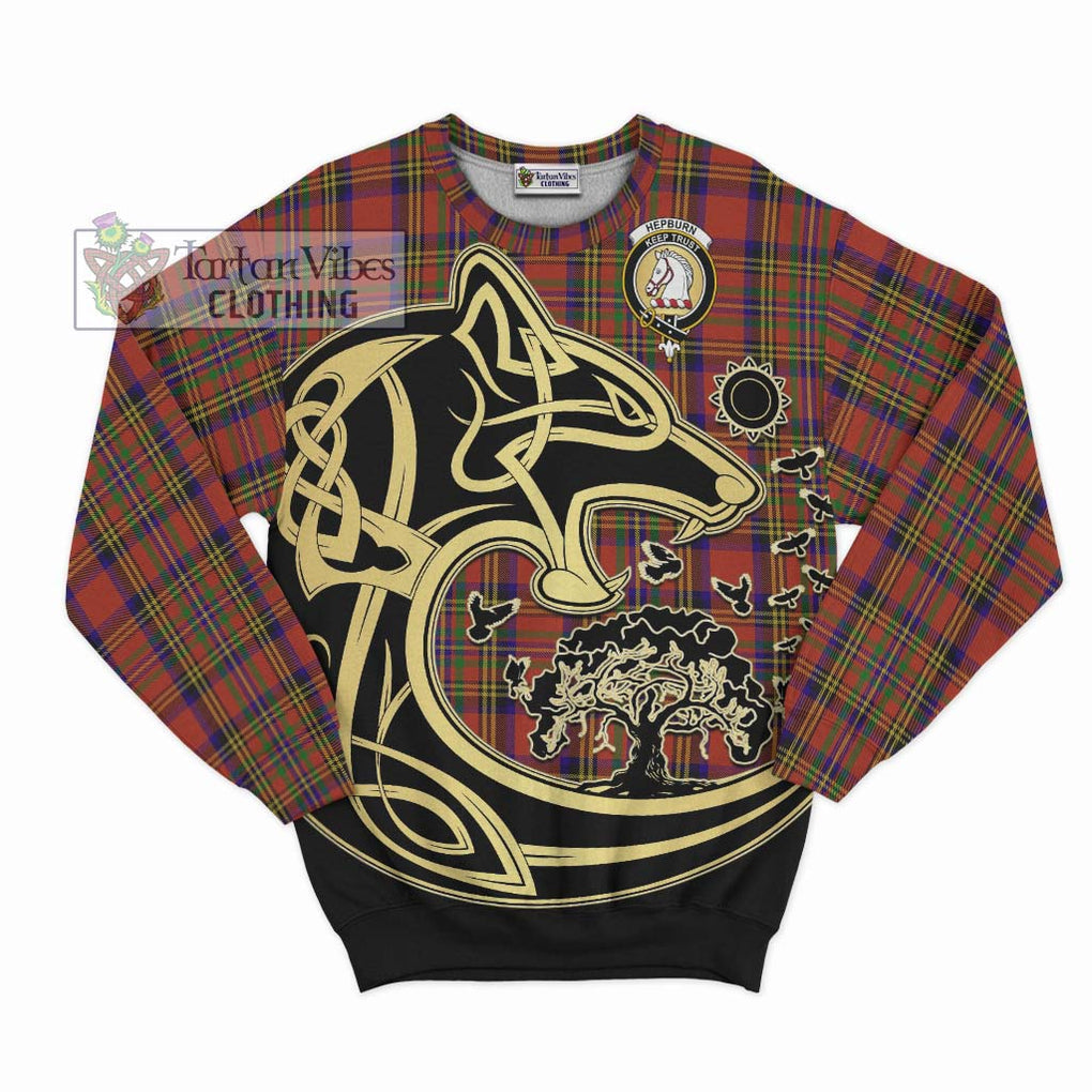 Hepburn Tartan Sweatshirt with Family Crest Celtic Wolf Style - Tartan Vibes Clothing