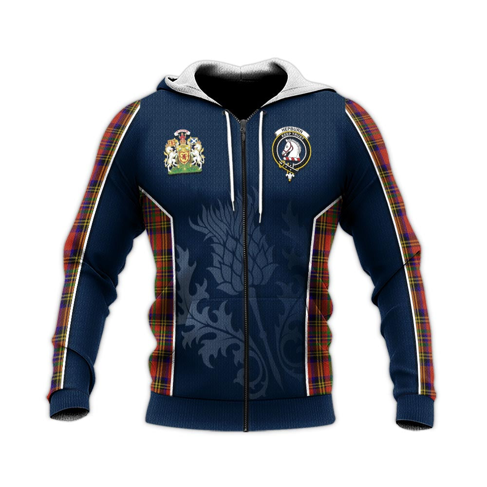 Tartan Vibes Clothing Hepburn Tartan Knitted Hoodie with Family Crest and Scottish Thistle Vibes Sport Style