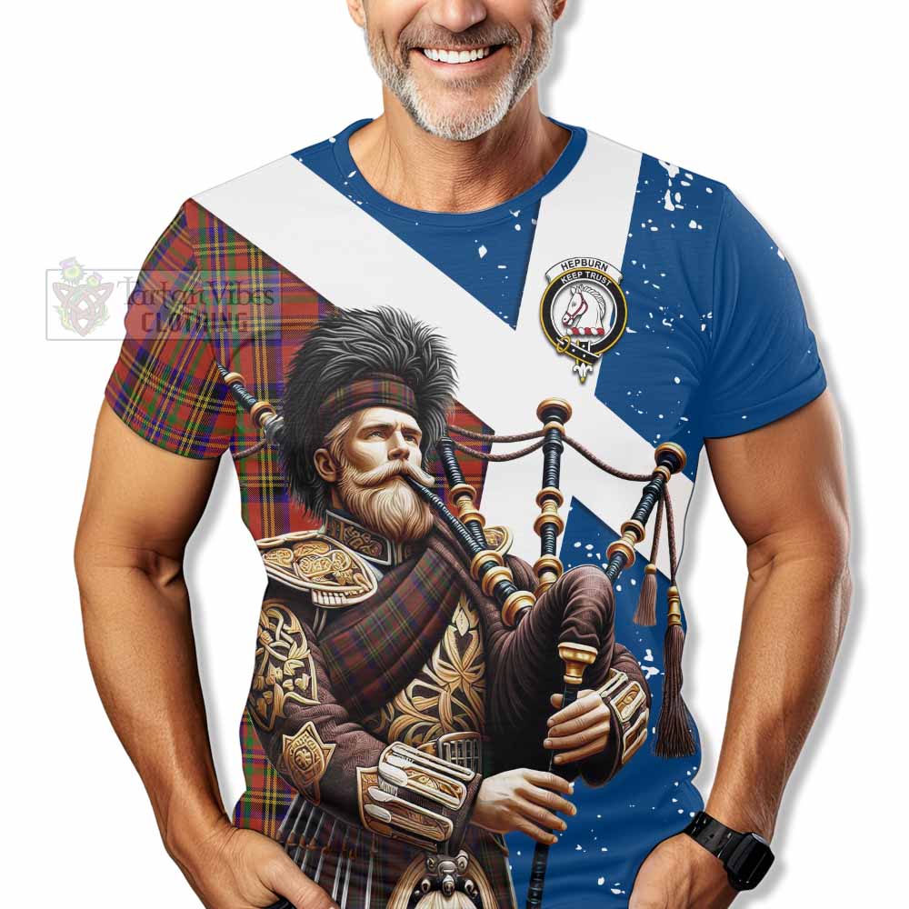 Tartan Vibes Clothing Hepburn Tartan T-Shirt with Family Crest Scottish Bagpiper Vibes