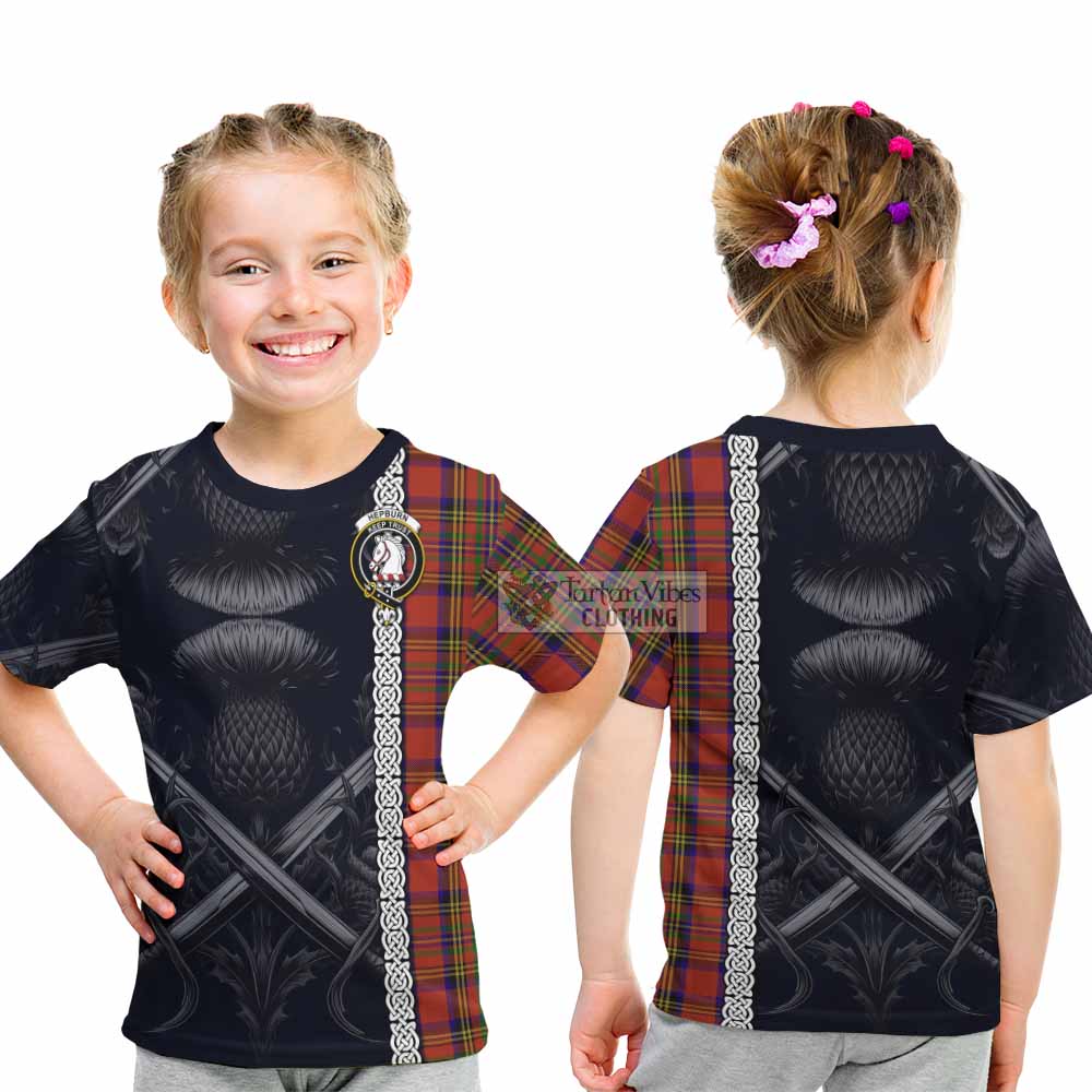 Tartan Vibes Clothing Hepburn Tartan Kid T-Shirt with Family Crest Cross Sword Thistle Celtic Vibes