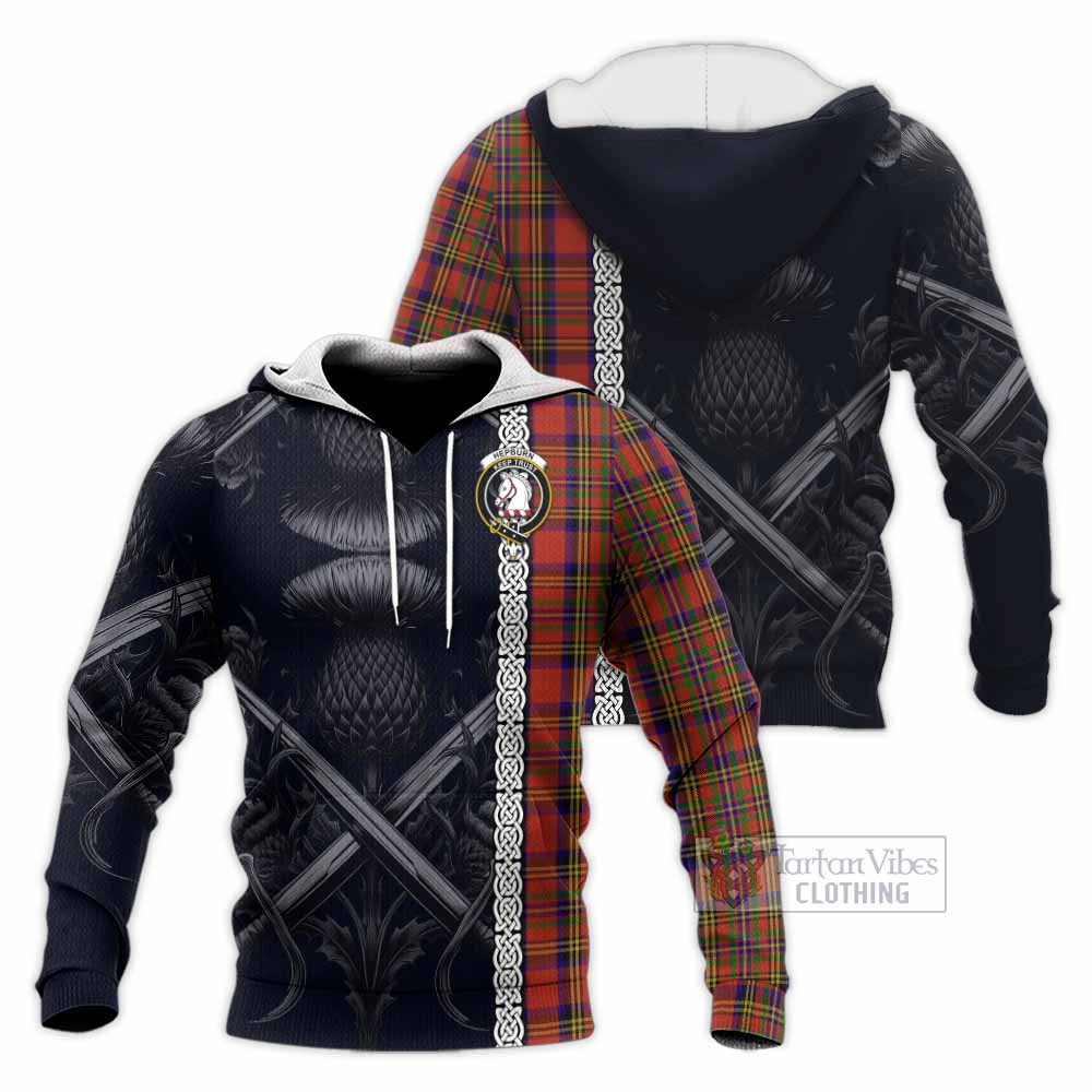 Hepburn Tartan Knitted Hoodie with Family Crest Cross Sword Thistle Celtic Vibes - Tartan Vibes Clothing