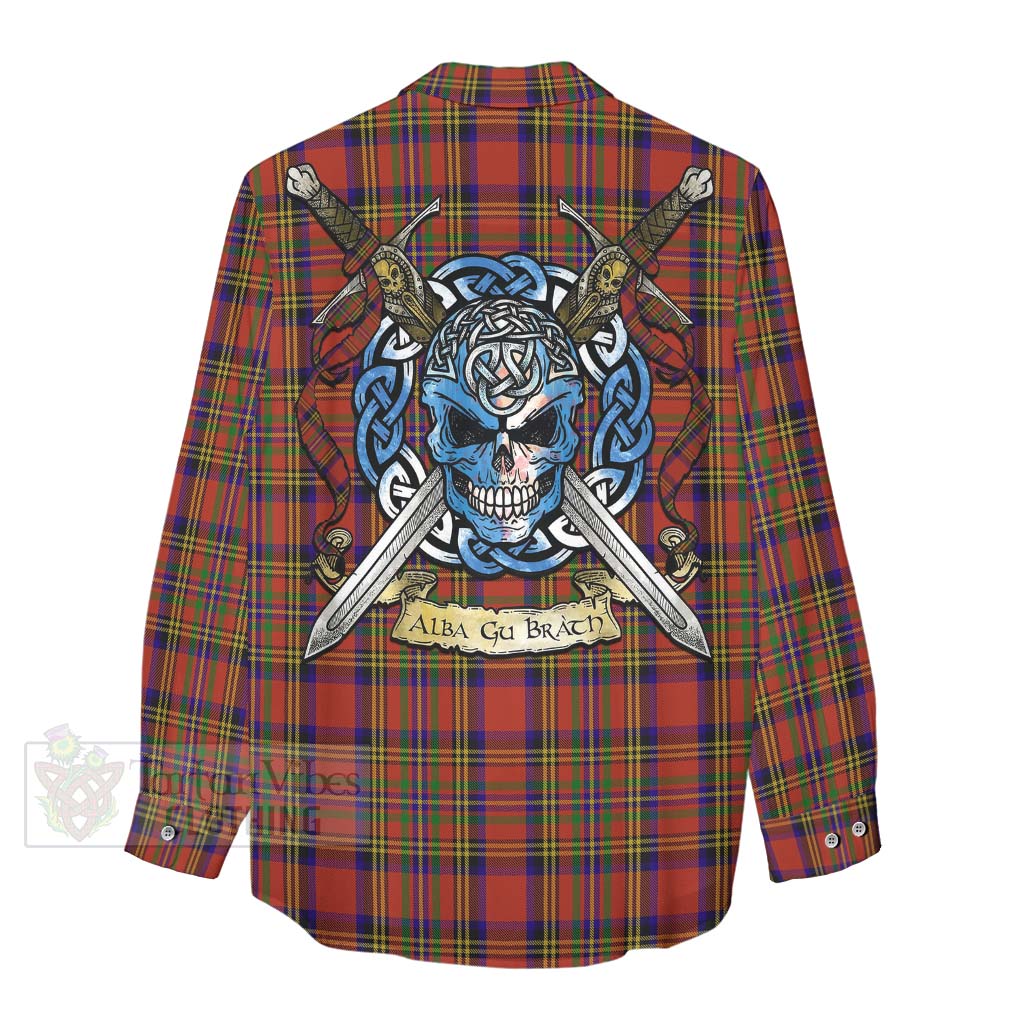 Tartan Vibes Clothing Hepburn Tartan Women's Casual Shirt with Family Crest Celtic Skull Style