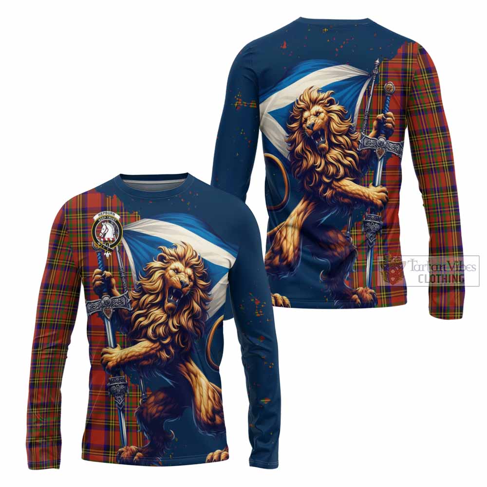 Tartan Vibes Clothing Hepburn Tartan Family Crest Long Sleeve T-Shirt with Scottish Majestic Lion