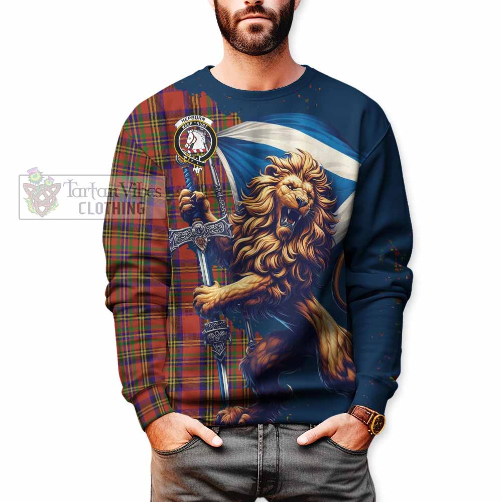 Tartan Vibes Clothing Hepburn Tartan Family Crest Sweatshirt with Scottish Majestic Lion