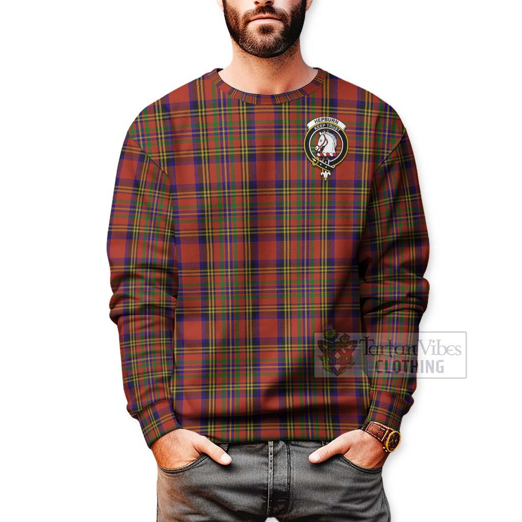 Tartan Vibes Clothing Hepburn Tartan Sweatshirt with Family Crest and Bearded Skull Holding Bottles of Whiskey