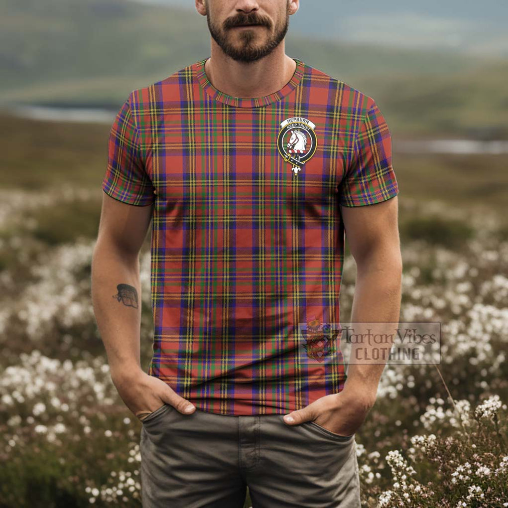 Tartan Vibes Clothing Hepburn Tartan T-Shirt with Family Crest and Bearded Skull Holding Bottles of Whiskey