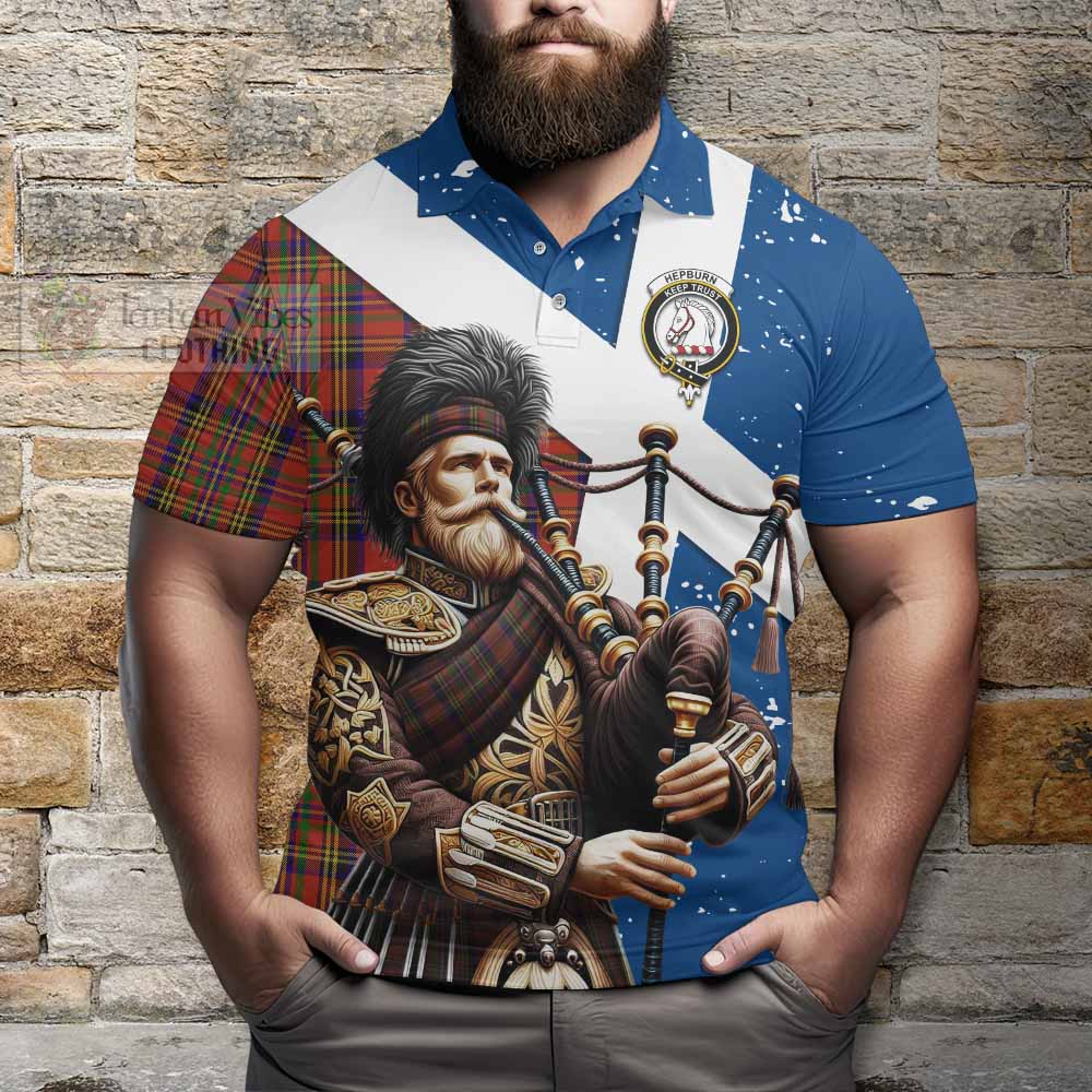 Hepburn Tartan Polo Shirt with Family Crest Scottish Bagpiper Vibes - Tartan Vibes Clothing