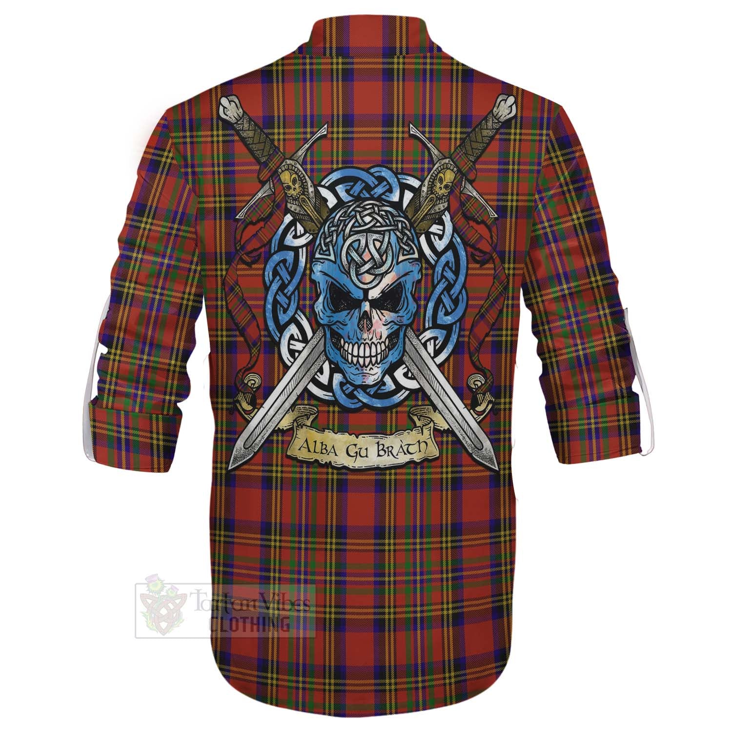 Tartan Vibes Clothing Hepburn Tartan Ghillie Kilt Shirt with Family Crest Celtic Skull Style